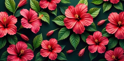 Vibrant hibiscus blooms, lush green leaves, seamless repeat , leaf, flower