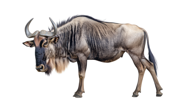 Wildebeest stands, strong build, dark mane, against black