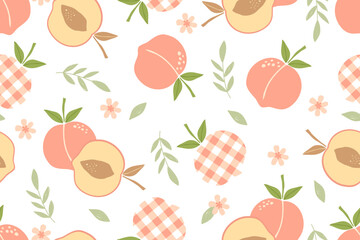Summer seamless pattern with vector illustrations of fruits. Hand drawn healthy food set and peach cartoon background.