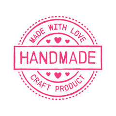 Handmade stamp. Pink rubber stamp with text handmade, made with love and craft product. Isolated vector illustration.