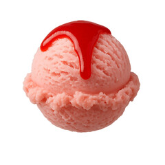 Realistic strawberry ice cream scoop with red syrup topping Isolated on Transparent Background 