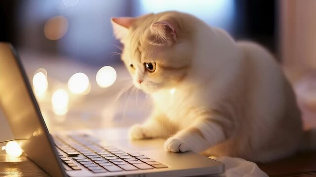 Cute domestic cat looking at a laptop computer. Funny pet exploring modern technology and social network. Animal entertainment concept footage.