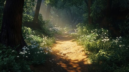Sun-Dappled Path Through Verdant Woodlands with Wildflowers Abloom