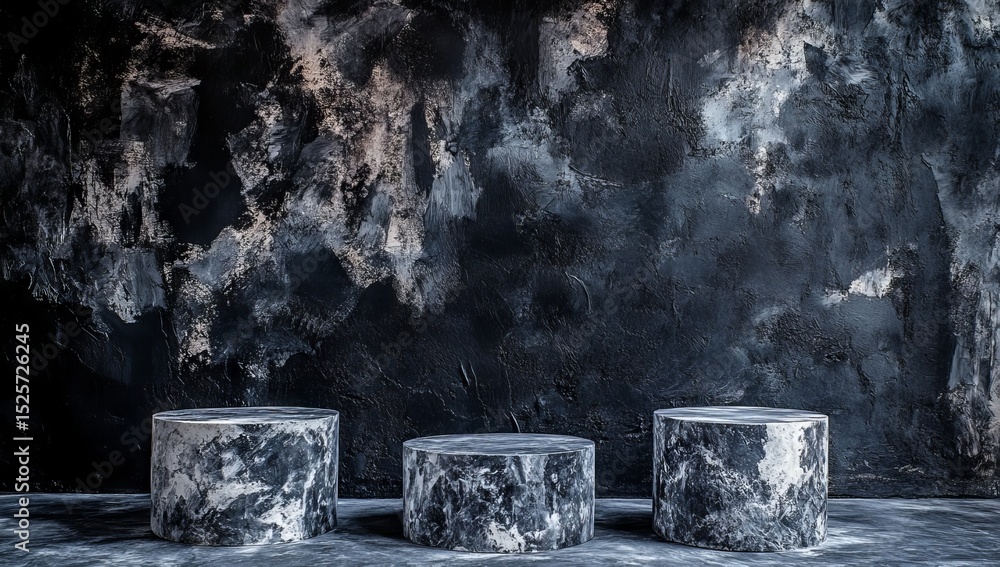 Aufkleber an empty podium sits on the floor of a studio room, surrounded by dark geometric shapes in black, se