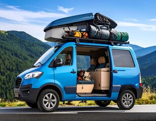 Blue van loaded for mountain adventure