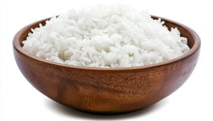 The main focus is on uncooked rice placed in a wooden bowl, with extra space available for adding copy or design elements