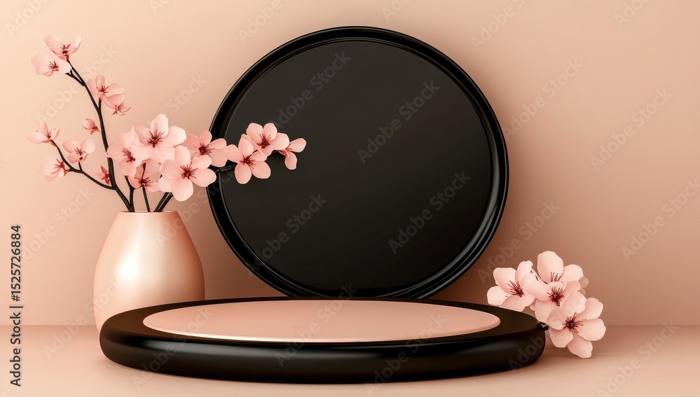 Poster this 3d rendering presents a product presentation setup with a japanese twist, incorporating a podiu