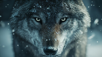 Majestic Wolf Staring Intensely with Snowfall in Winter Wonderland