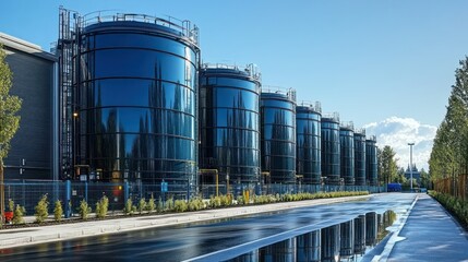 Modern industrial tanks,  dark glass,  a row of storage,  industrial facility