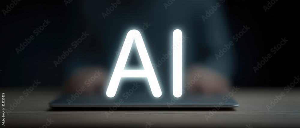 Poster exploring ai technology in action at a modern workspace digital innovation environment close-up view