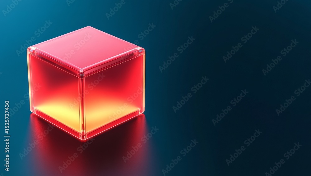 Poster illuminated object in a virtual reality dark room, an abstract render of a cubic box with neon glow,