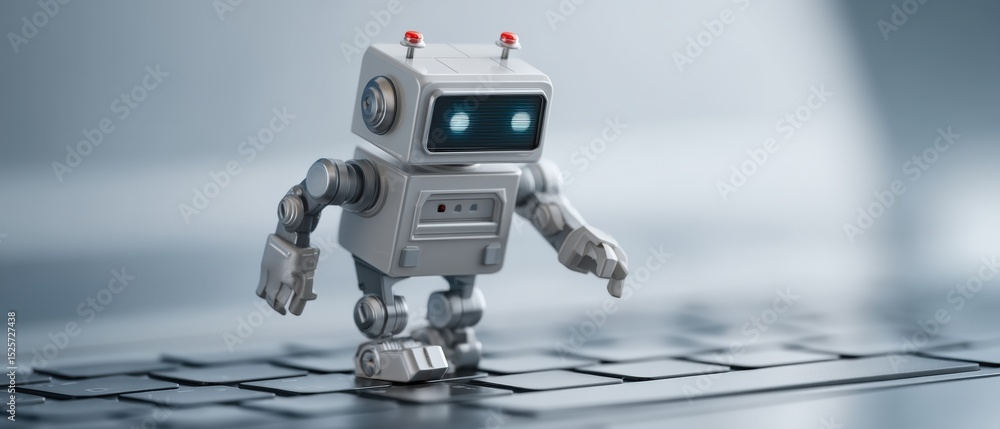 Poster innovative robot taking steps on keyboard modern office digital art tech environment close-up view a