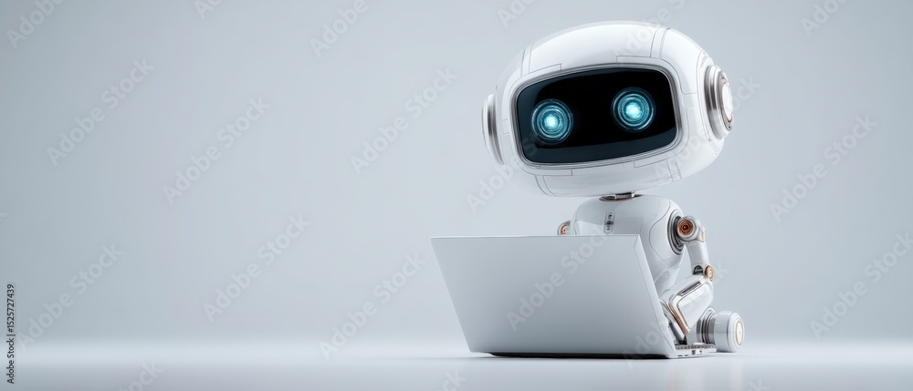 Poster robot assistant working on laptop modern workspace digital art minimalistic environment close-up vie