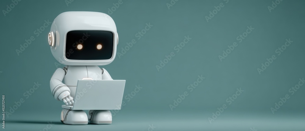 Poster robot working on laptop modern office digital art minimalistic side view artificial intelligence con