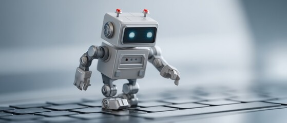 Innovative robot taking steps on keyboard modern office digital art tech environment close-up view automation concept