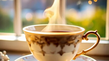 Elegant teacup with gold trim on a windowsill with steam rising and string lights in the background, pearl necklace resting nearby. - Powered by Adobe