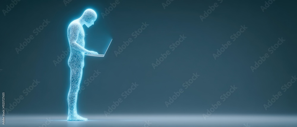 Poster virtual human interaction digital workspace 3d visualization modern environment side view technology