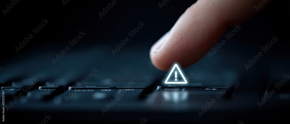 Poster warning alert on keyboard digital workspace technology dark environment close-up cybersecurity aware