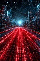 Obraz premium Futuristic neon cityscape with light trails, digital rendering of progress