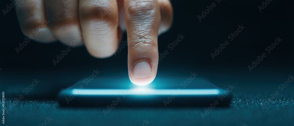 Poster touching technology a close-up of a finger activating a smartphone dark setting high-resolution imag