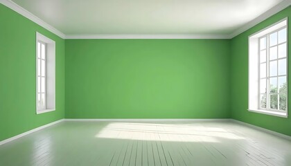 Vibrant lime green room accentuated by sunlight, two windows, and blank canvas