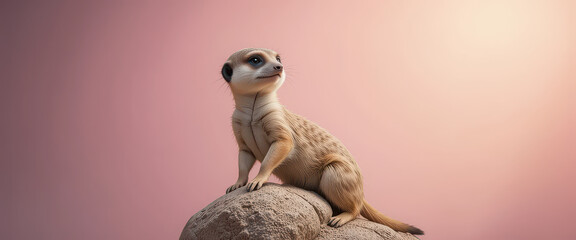 Obraz premium Meerkat sitting on rock with pink gradient background in studio lighting, realistic animal pose showing alert wildlife behavior for nature photography, zoo content, and educational pet use