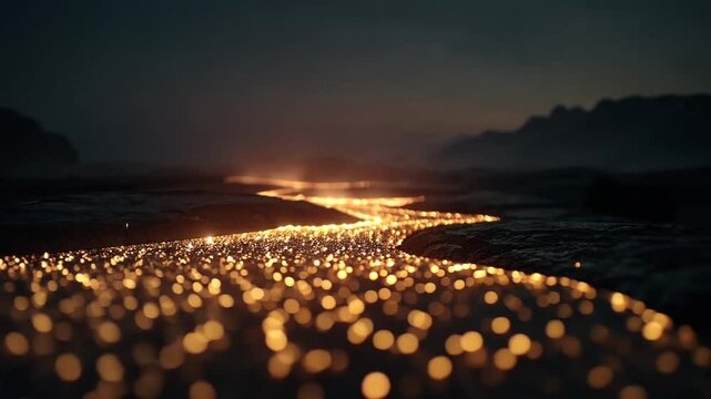 Glimmering River of Light at Dusk with Mountains