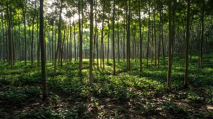 Fototapeta premium Sunlight Filtering Through Dense Forest Canopy Scene