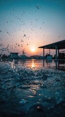 Water splashes on rooftop at sunset