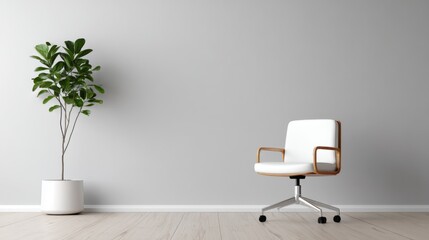 Minimalist office corner with ergonomic chair and potted plant, embodying simplicity and productivity in modern workspace design
