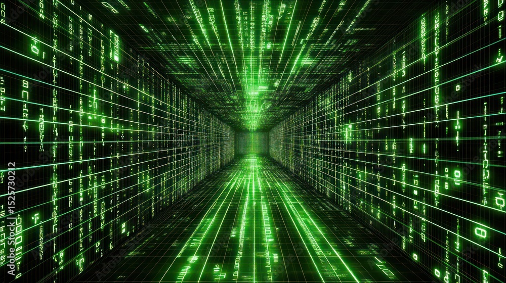 Poster digital matrix tunnel: a green glimmering corridor of code
