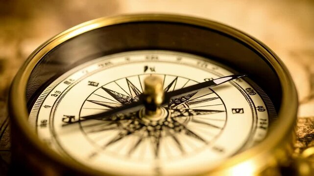Close-up image capturing a brass antique compass resting on a vintage-style world map with directional needle pointing north