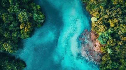 Aerial view of vibrant turquoise river flowing through lush green forest.