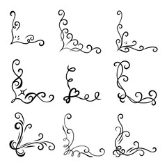 Hand Drawn Swirl Scroll Corner Ornament. A refined collection of 9 hand drawn decorative corner ornaments featuring curls spirals flourishes leaves and artistic strokes. Perfect for layouts invitation
