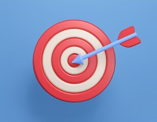 3D blue arrow hits the bullseye of a red target