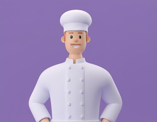 3D cartoon chef with a friendly smile stands against a purple background