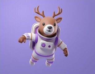 3D cartoon reindeer floats through space in an astronaut suit
