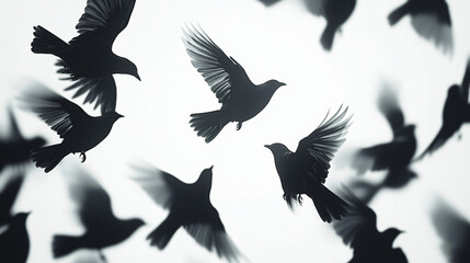 Silhouetted Birds in Flight Against a Light Background
