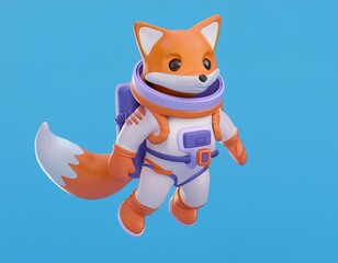 3D fox astronaut floats through space