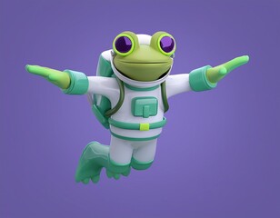 3D frog wearing an astronaut suit floats with his arms outstretched