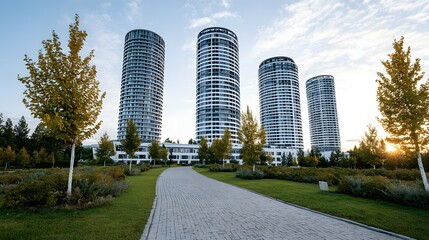 Four tall cylindrical buildings with surrounding trees and a pathway under a blue sky.