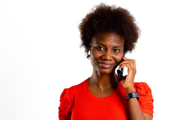Young black latin woman, looking at camera, in phone call, with copy space on white background