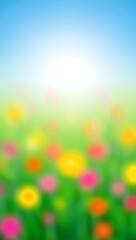 Obraz premium Vibrant Spring Meadow, Blurred Flowers, Sunny Sky, Colorful Blossoms, Lush Greenery, Peaceful Nature Scene, Soft Focus Photography