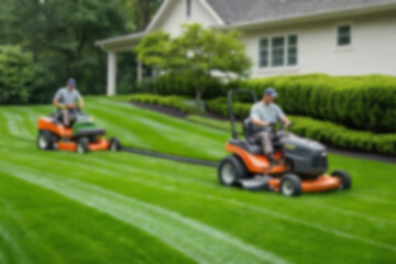 blurry image of gardener in uniform cutting and cleaning green grass area with lawn mowing equipment, focusing on care and greening