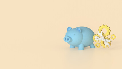 The Blue Piggy Bank and Gear for  Earn or Saving concept 3d Rendering.
