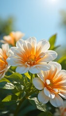 Fototapeta premium Stunning Close-up of Peach and White Dahlias, Blooming Bright Under Summer Sun, Nature's Beauty, Vibrant Colors, Floral Photography