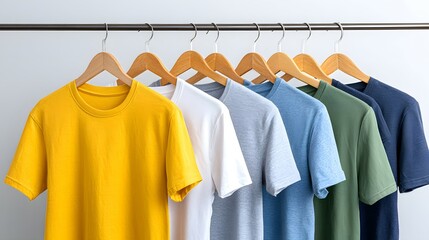Obraz premium Colorful t-shirts hang on wooden hangers in a row against a white background.
