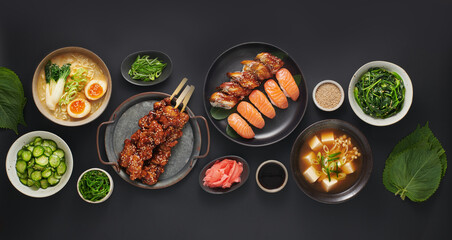 Japanese food, asian cuisine, a set of assorted dishes top view, Cucumber Sunomono Salad, Chicken Yakitori, Smoked Eel and Salmon Sushi, Ramen, Miso Soup, Spinach Salad Gomaae