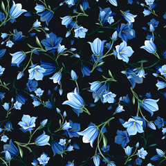 Seamless pattern with blue bluebell (campanula) flowers on a black background. Vector floral print