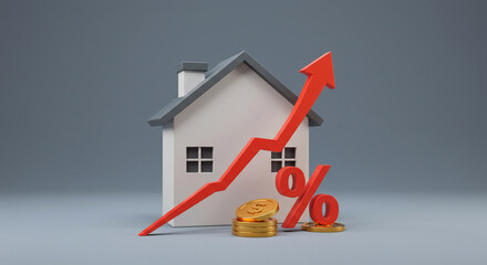 Conceptual image showing rising house prices and interest rates with a home and arrow